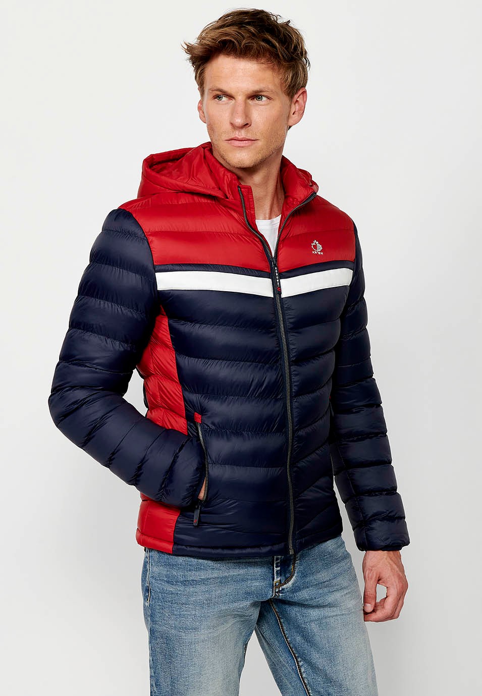 Padded Jacket with High Neck and Hood and Front Zip Closure in Navy for Men 1