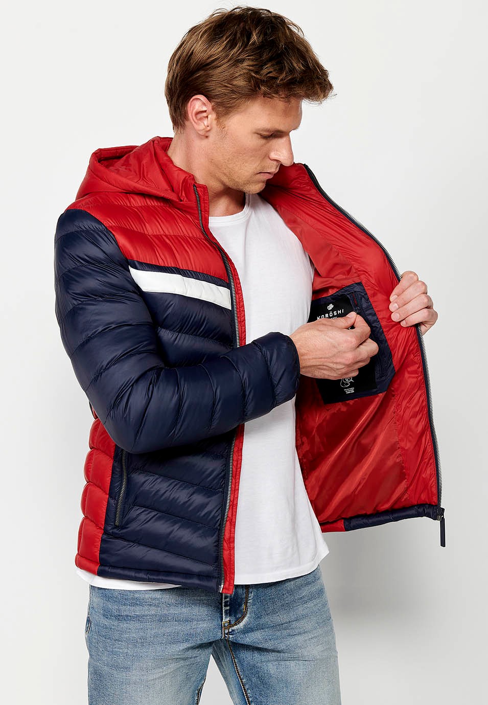 Chaqueta Cazadora acolchada con Cuello alto con capucha y Cierre delantero con cremallera color Navy para Hombre 5