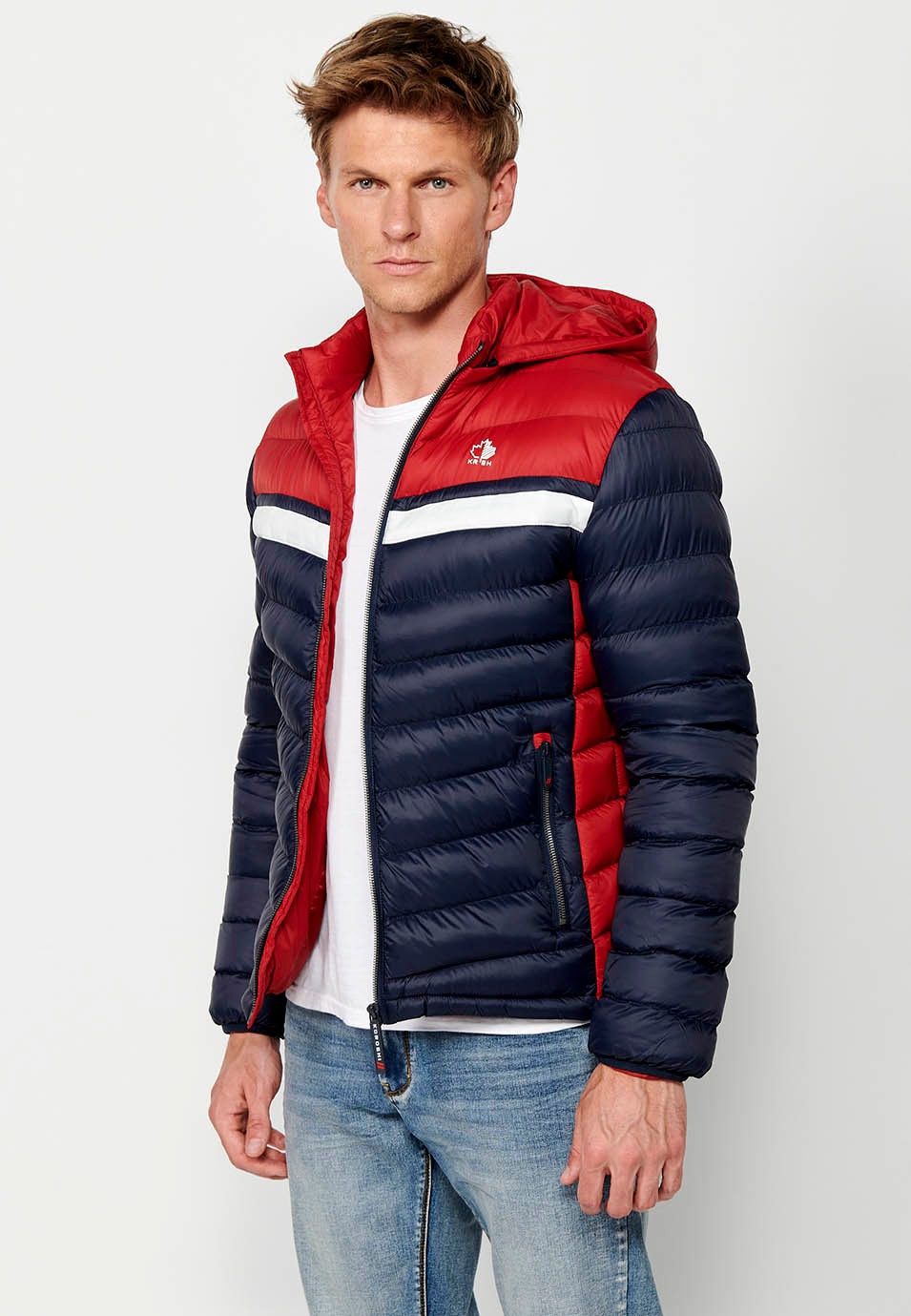 Padded Jacket with High Neck and Hood and Front Zip Closure in Navy for Men 6