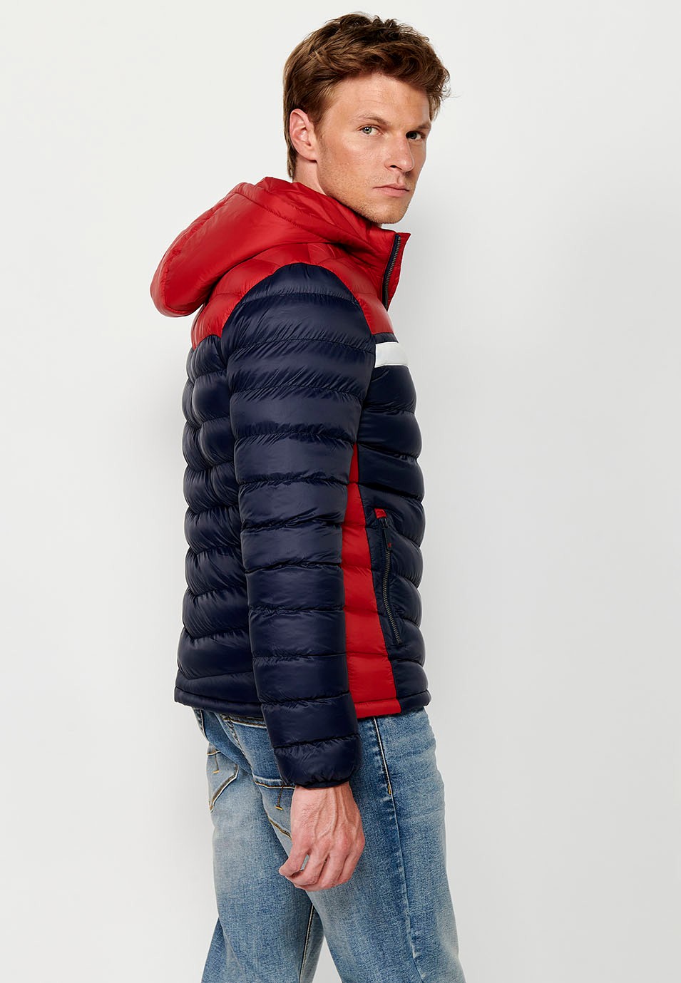 Padded Jacket with High Neck and Hood and Front Zip Closure in Navy for Men 7