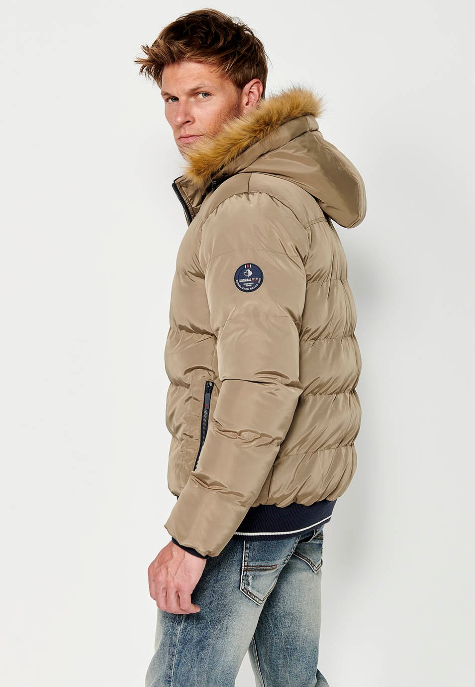 Mens Quilted Faux Fur Hooded Collar Zip Front Pockets Jacket in Beige 8