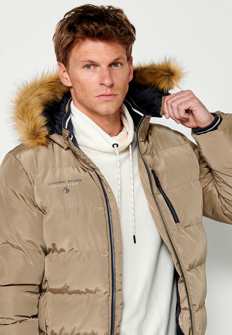 Mens Quilted Faux Fur Hooded Collar Zip Front Pockets Jacket in Beige 3