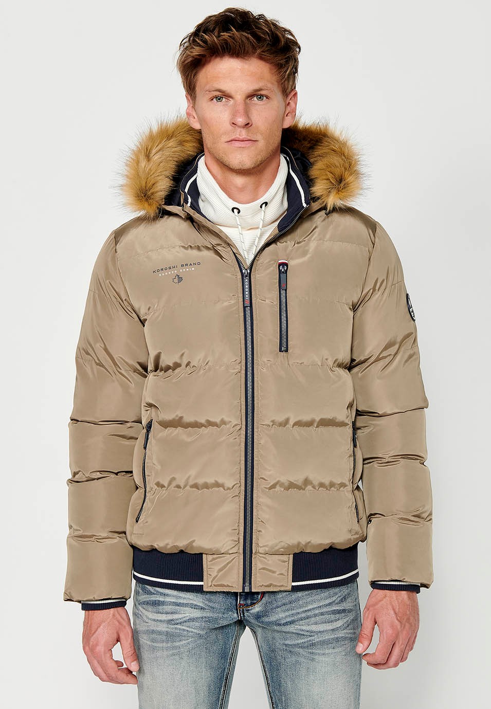 Mens Quilted Faux Fur Hooded Collar Zip Front Pockets Jacket in Beige