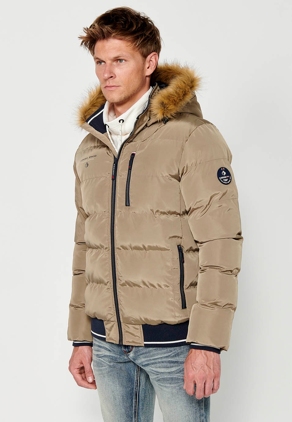 Mens Quilted Faux Fur Hooded Collar Zip Front Pockets Jacket in Beige 2