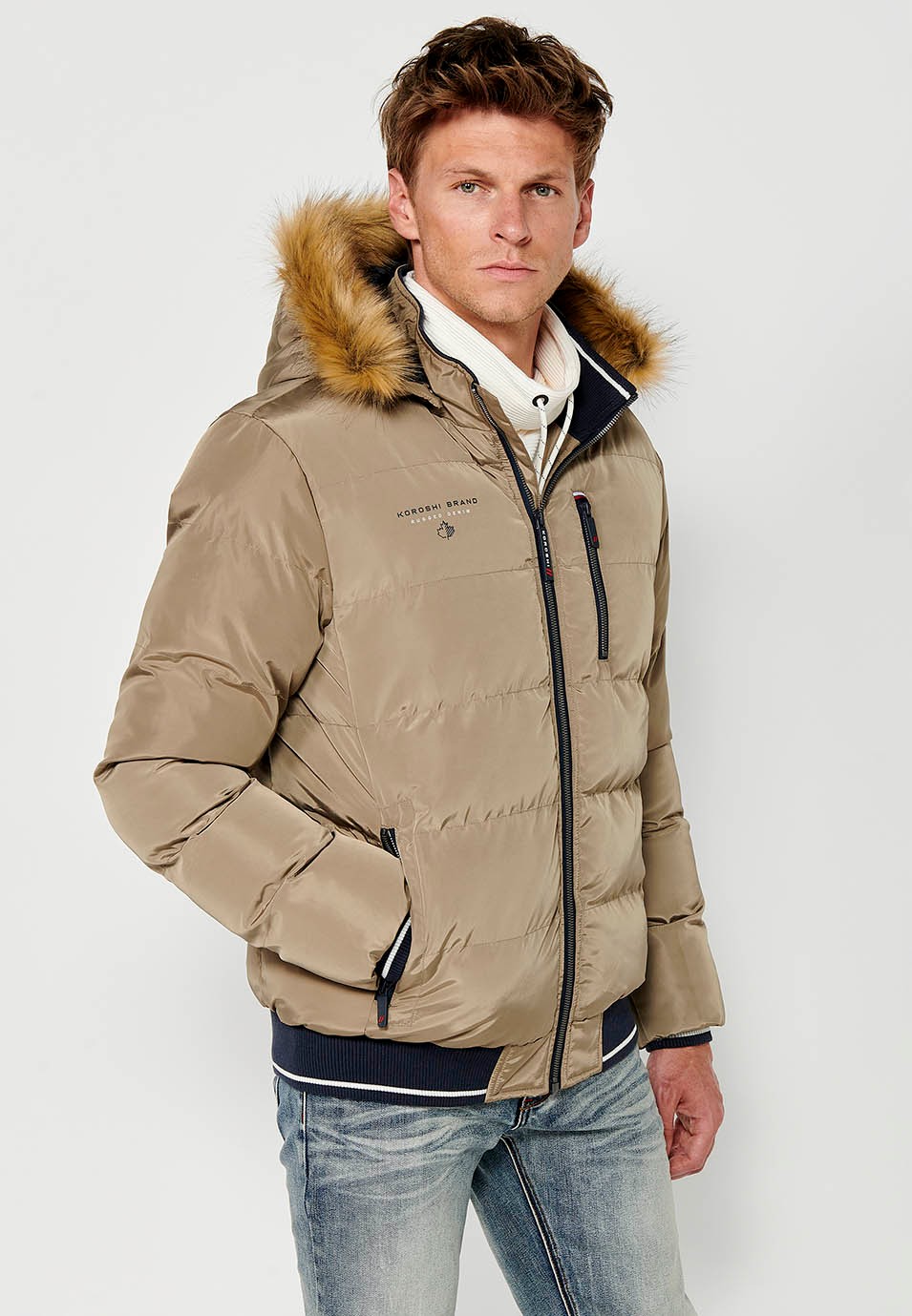 Mens Quilted Faux Fur Hooded Collar Zip Front Pockets Jacket in Beige 10