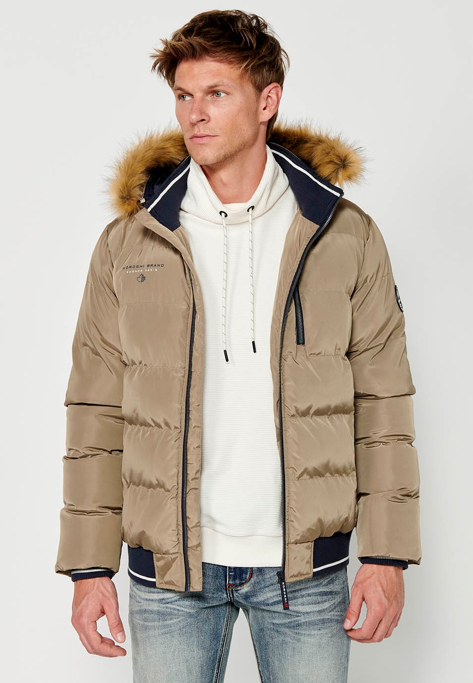 Mens Quilted Faux Fur Hooded Collar Zip Front Pockets Jacket in Beige 1