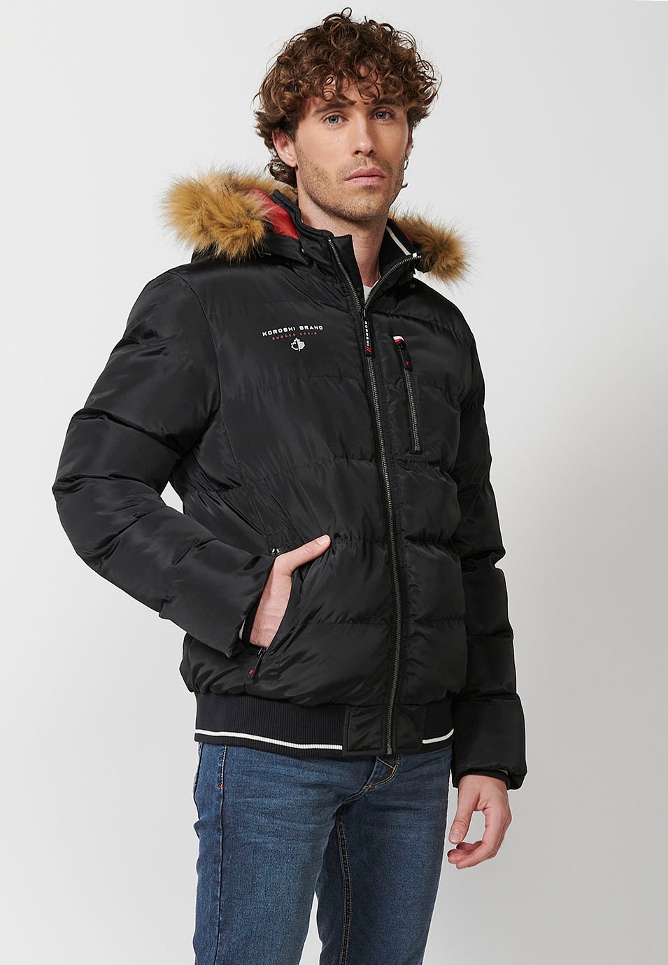 Mens Black Quilted Faux Fur Hooded Collar Zip Front Pockets Jacket