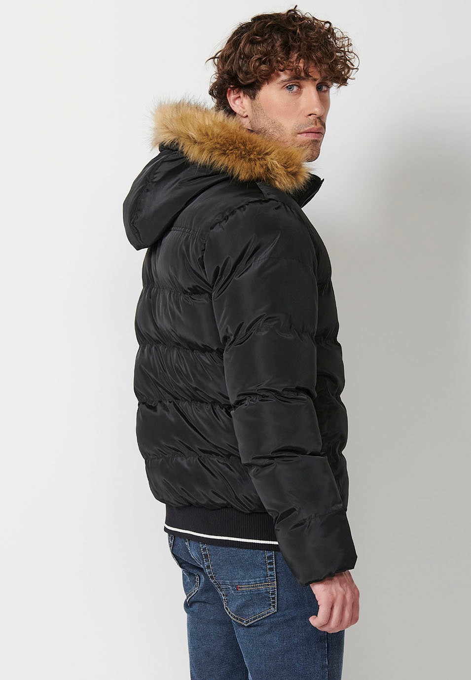 Mens Black Quilted Faux Fur Hooded Collar Zip Front Pockets Jacket 8