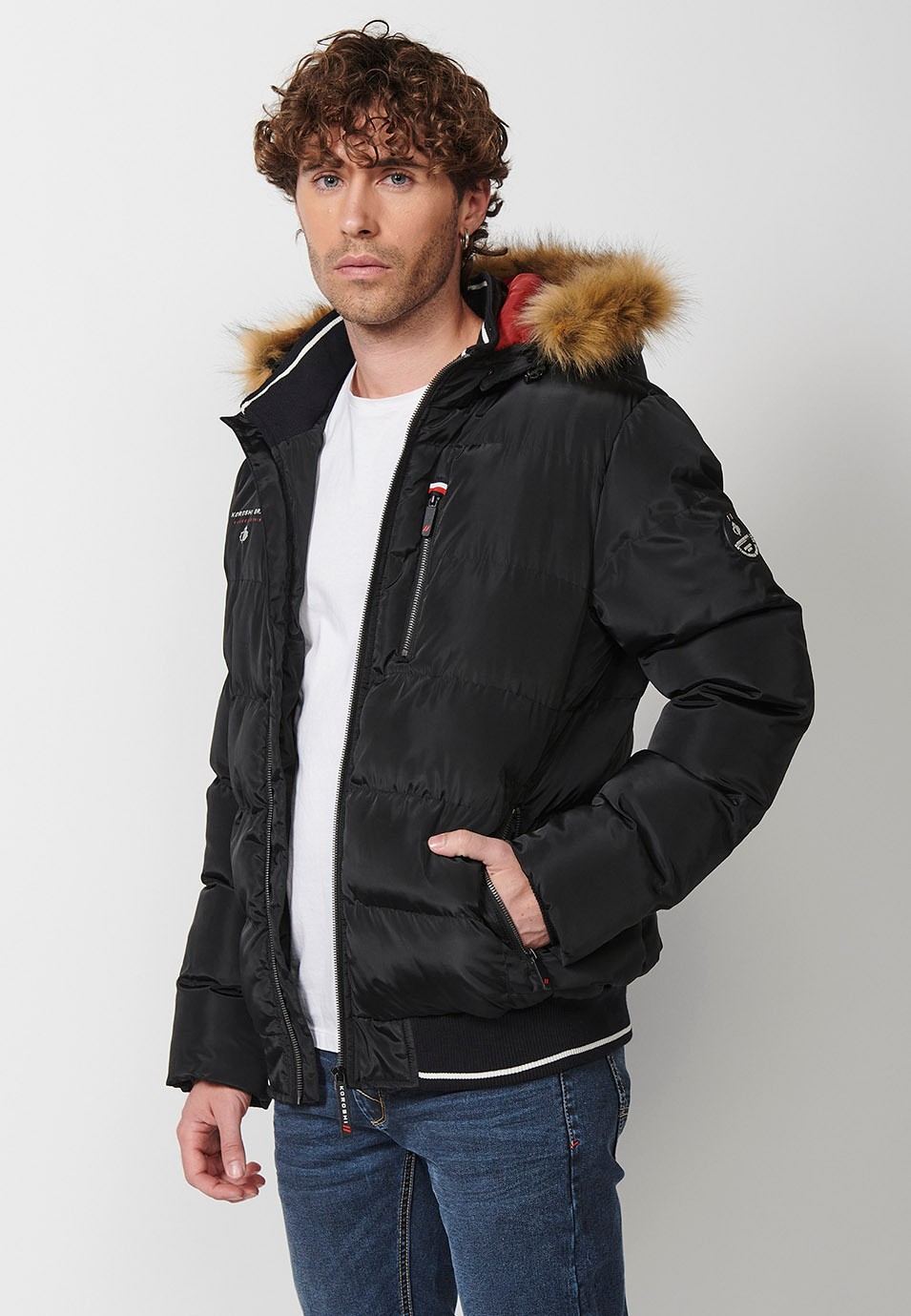 Mens Black Quilted Faux Fur Hooded Collar Zip Front Pockets Jacket 5