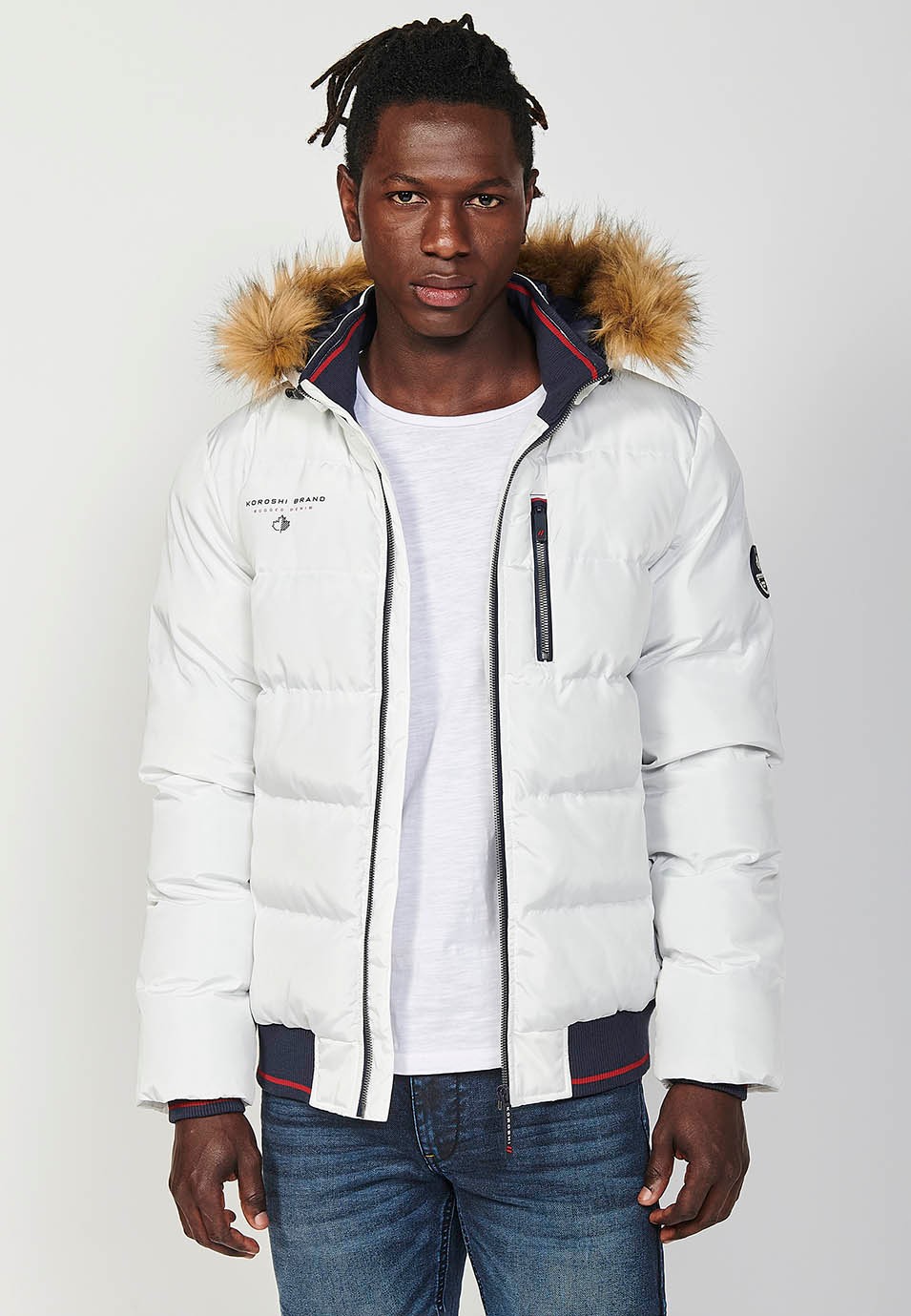 Mens Quilted Jacket with Faux Fur Collar and Hood, Zip Front Closure and Ribbed Pockets in Ecru 4