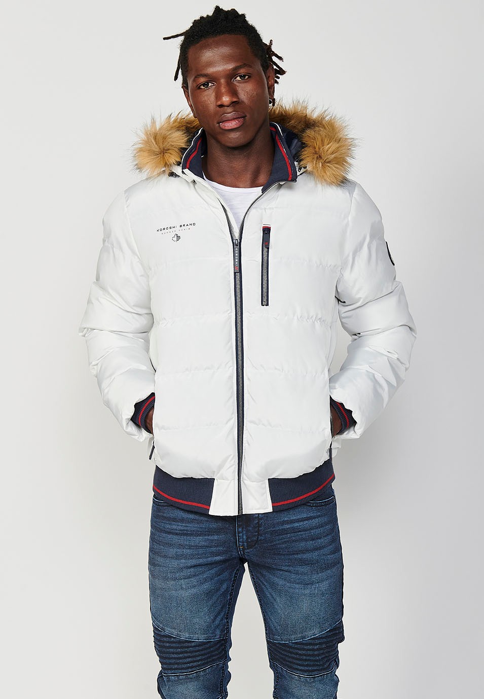 Mens Quilted Jacket with Faux Fur Collar and Hood, Zip Front Closure and Ribbed Pockets in Ecru