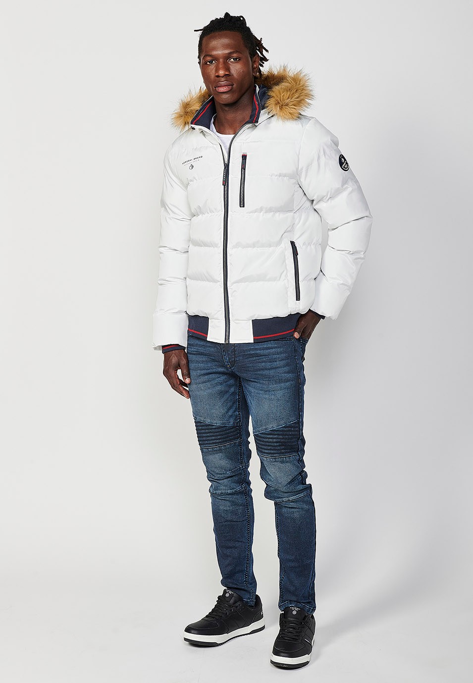 Mens Quilted Jacket with Faux Fur Collar and Hood, Zip Front Closure and Ribbed Pockets in Ecru 6