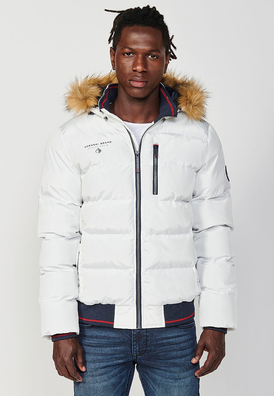 Mens Quilted Jacket with Faux Fur Collar and Hood, Zip Front Closure and Ribbed Pockets in Ecru 7