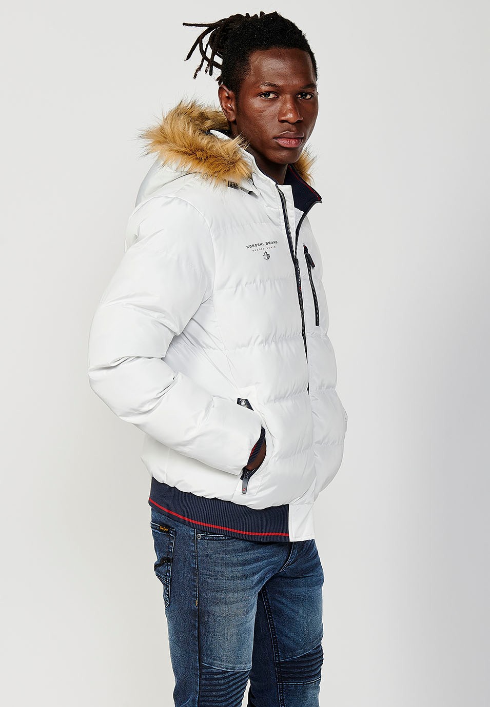 Mens Quilted Jacket with Faux Fur Collar and Hood, Zip Front Closure and Ribbed Pockets in Ecru 1