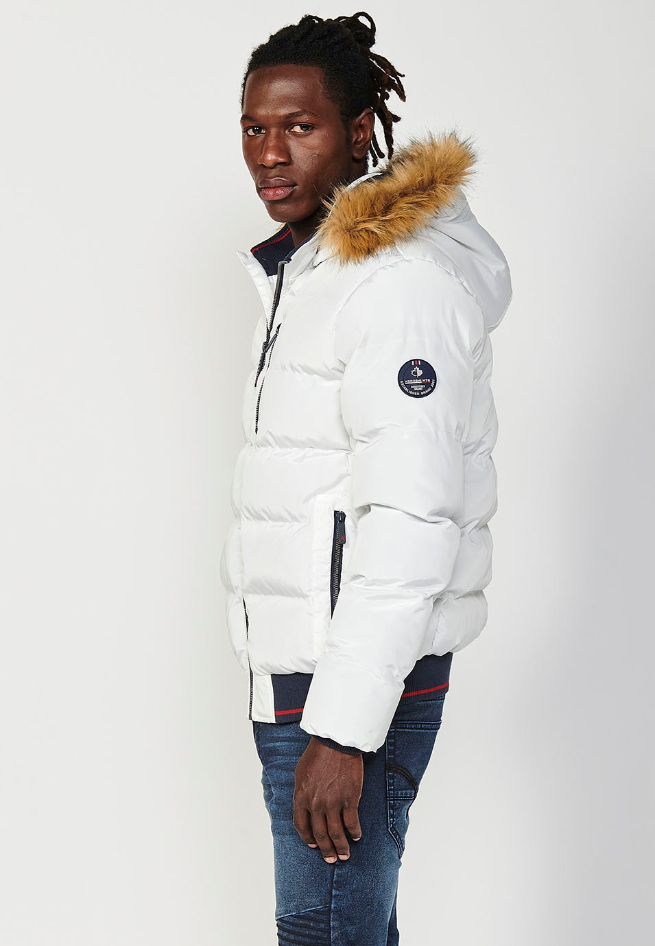 Mens Quilted Jacket with Faux Fur Collar and Hood, Zip Front Closure and Ribbed Pockets in Ecru 9