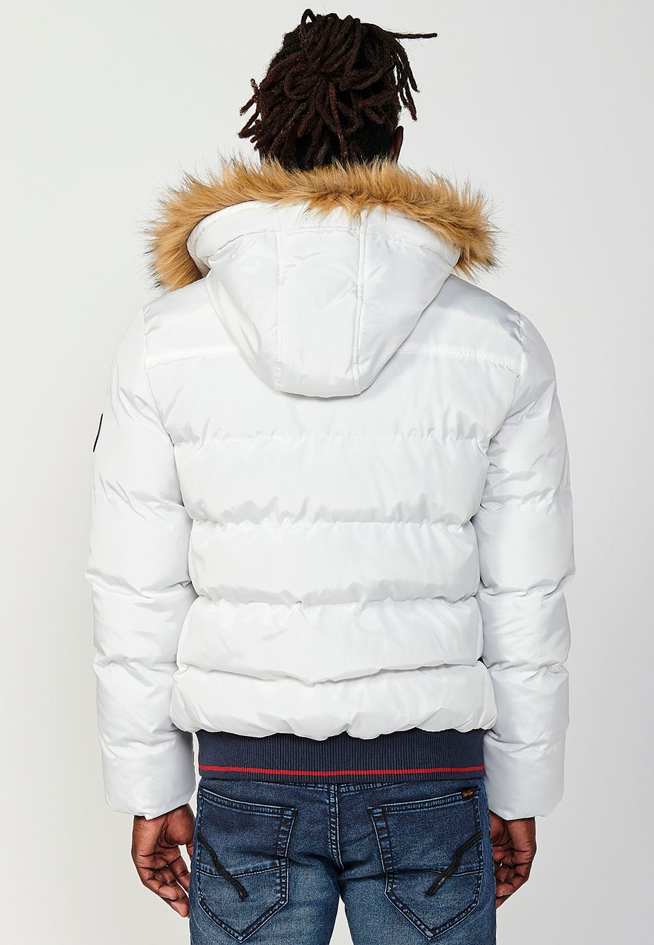 Mens Quilted Jacket with Faux Fur Collar and Hood, Zip Front Closure and Ribbed Pockets in Ecru 8