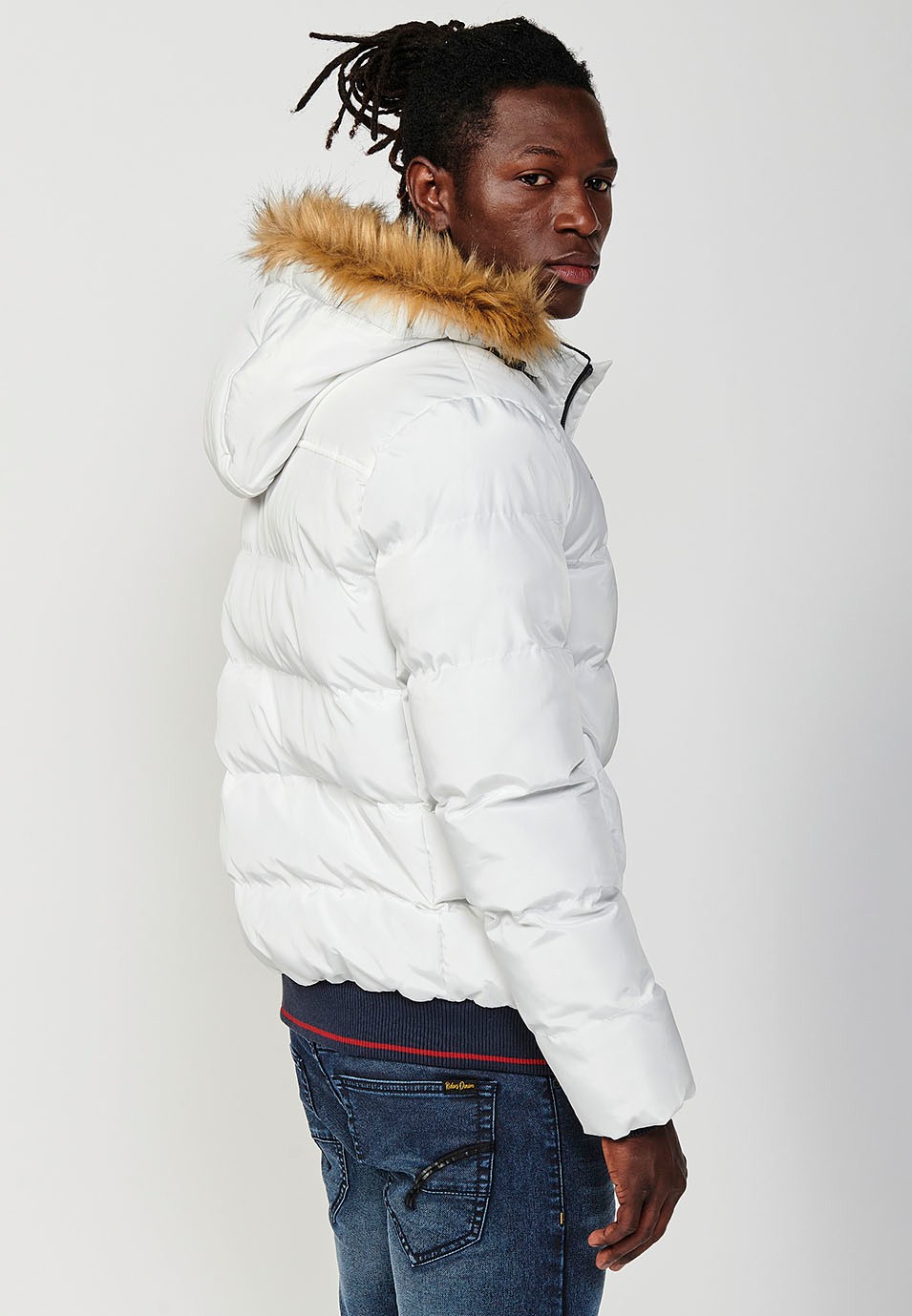 Mens Quilted Jacket with Faux Fur Collar and Hood, Zip Front Closure and Ribbed Pockets in Ecru 5