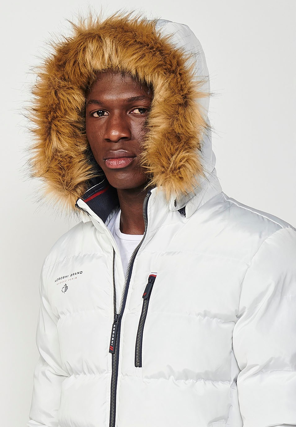 Mens Quilted Jacket with Faux Fur Collar and Hood, Zip Front Closure and Ribbed Pockets in Ecru 3