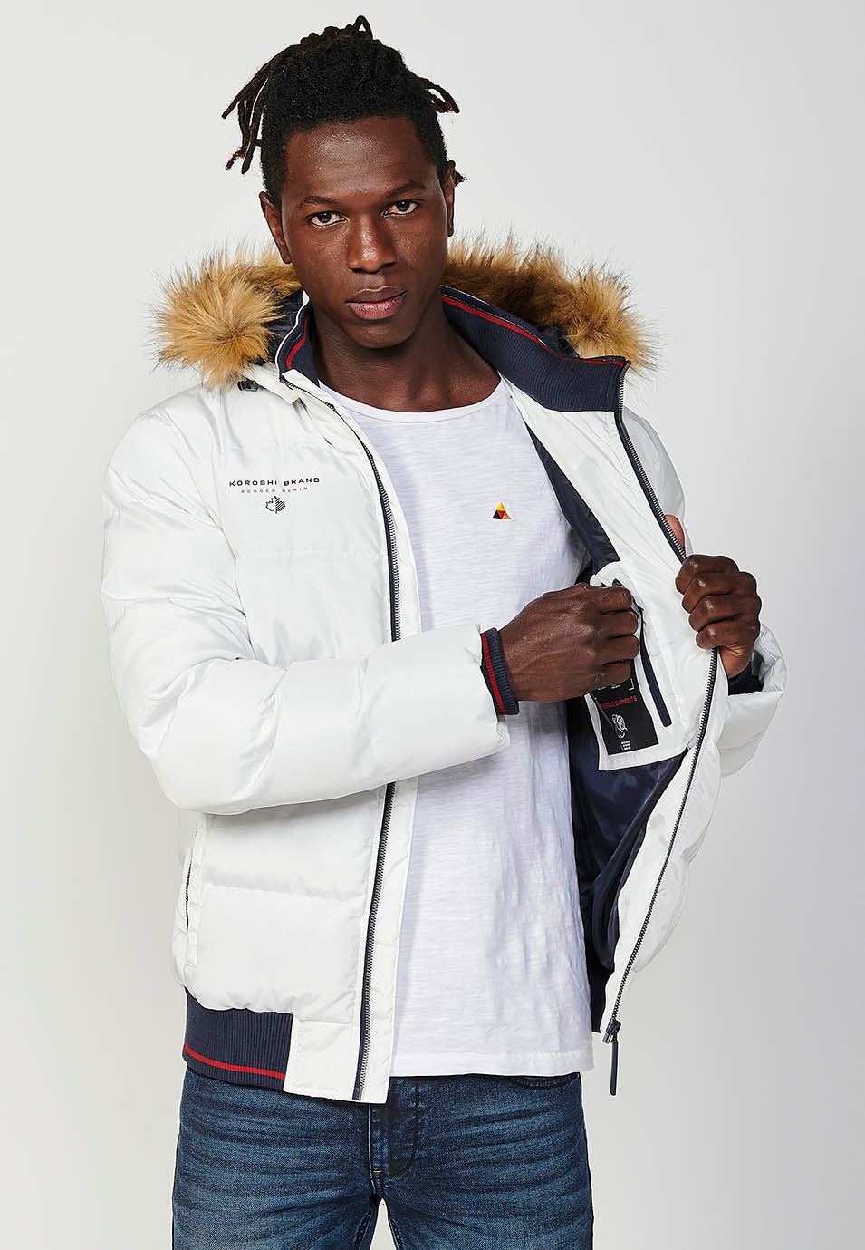 Mens Quilted Jacket with Faux Fur Collar and Hood, Zip Front Closure and Ribbed Pockets in Ecru 2