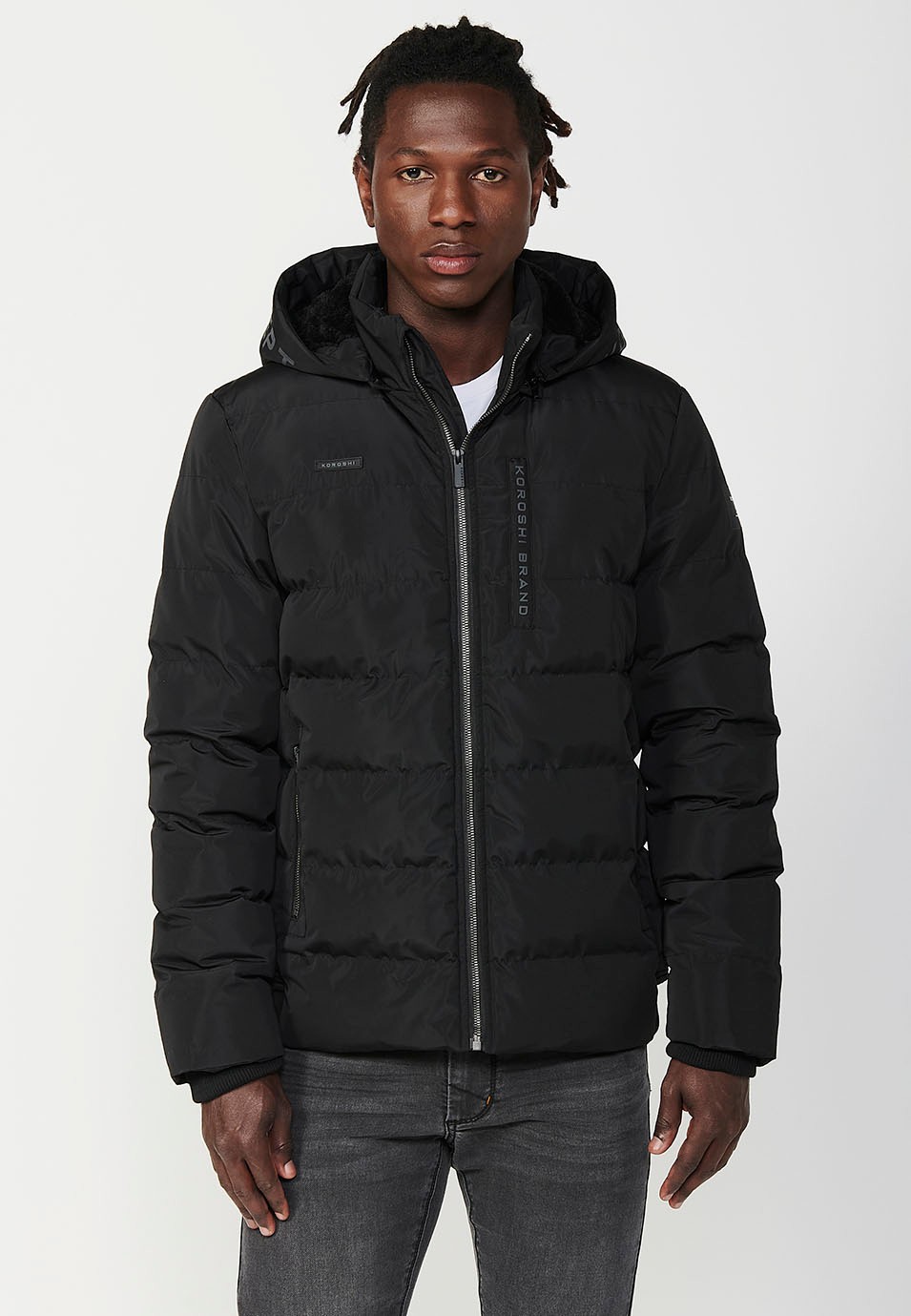 Mens Quilted Hooded Collar Zip Front Jacket in Black 7