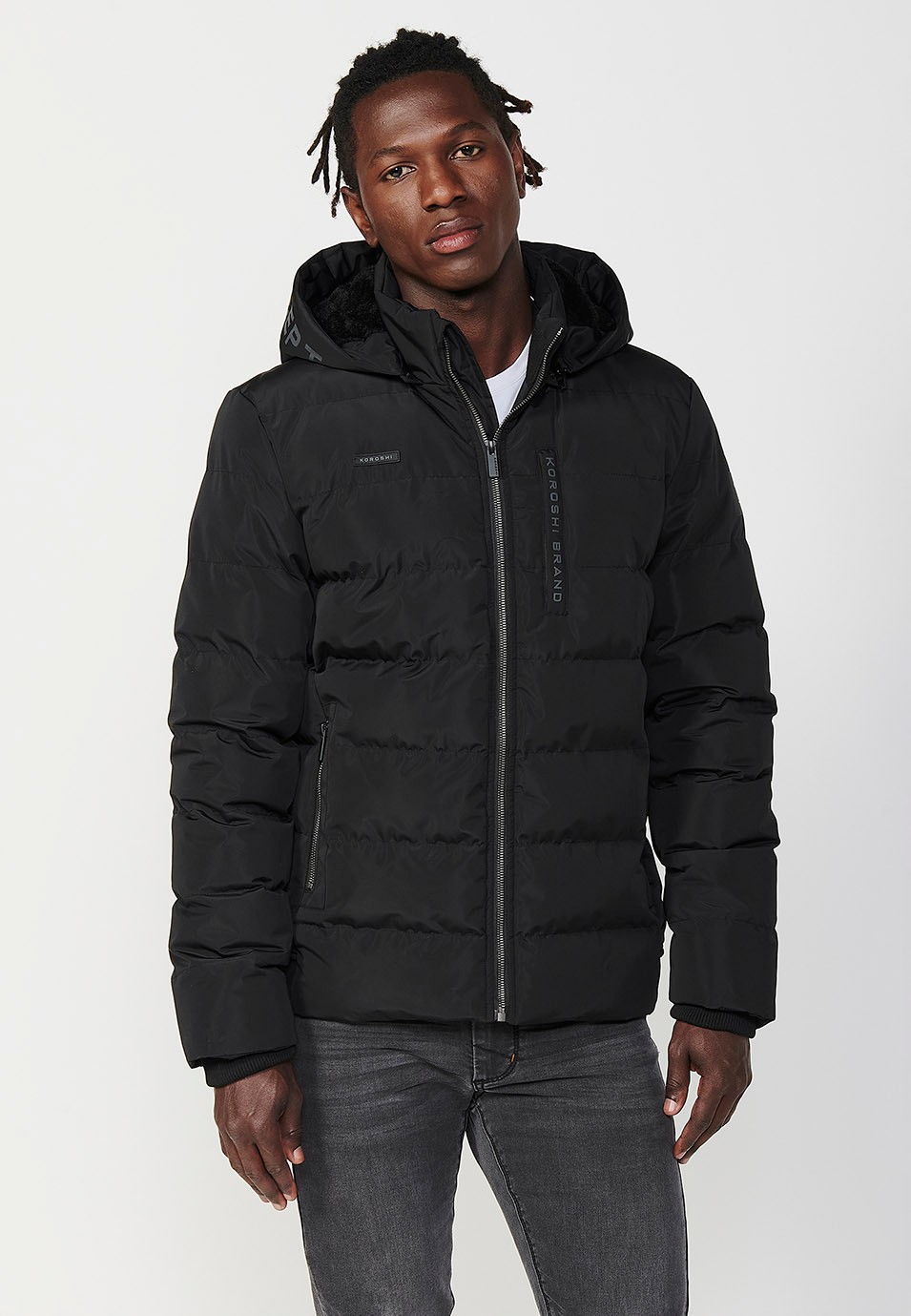 Mens Quilted Hooded Collar Zip Front Jacket in Black