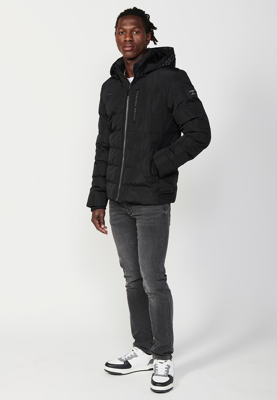 Mens Quilted Hooded Collar Zip Front Jacket in Black 4