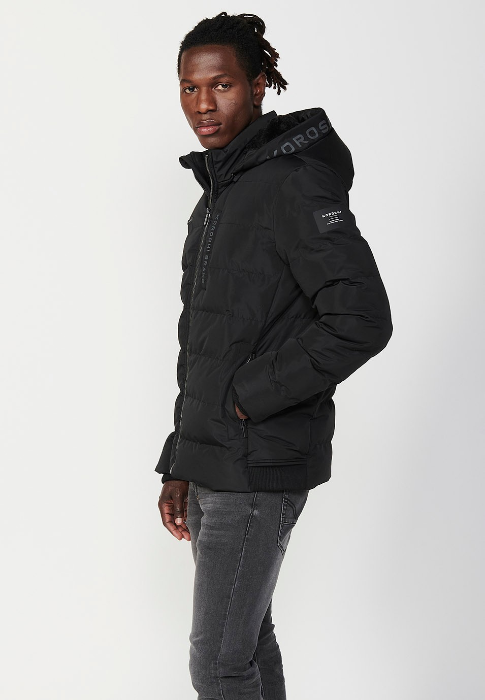 Mens Quilted Hooded Collar Zip Front Jacket in Black 6