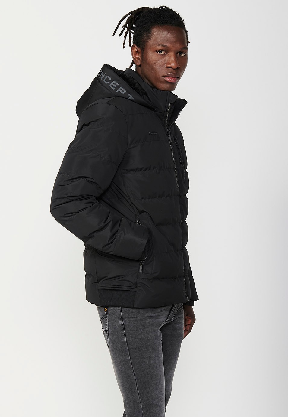 Mens Quilted Hooded Collar Zip Front Jacket in Black 5