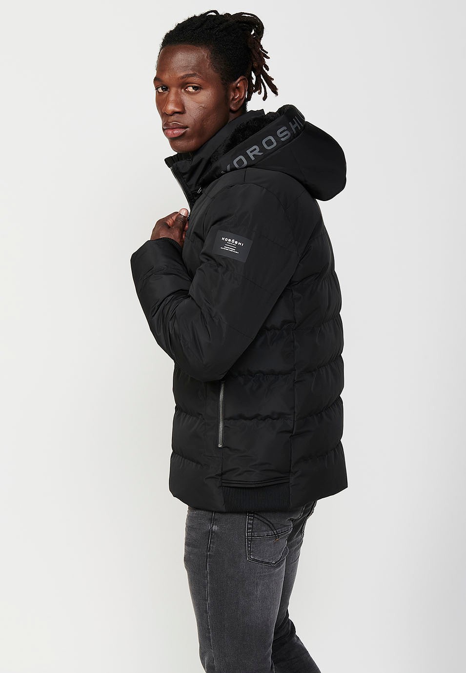 Mens Quilted Hooded Collar Zip Front Jacket in Black 1