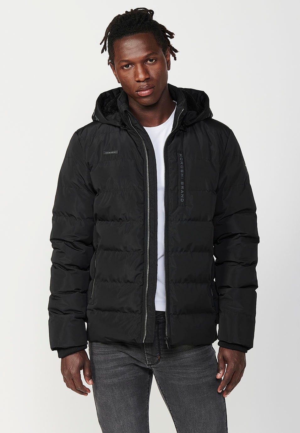 Mens Quilted Hooded Collar Zip Front Jacket in Black 2