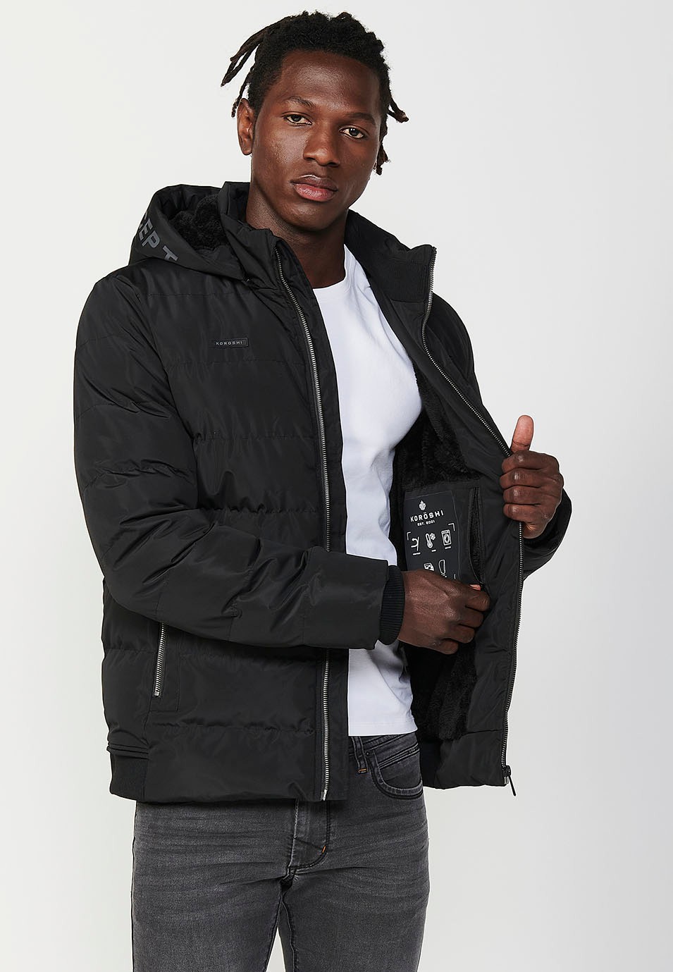 Mens Quilted Hooded Collar Zip Front Jacket in Black 9