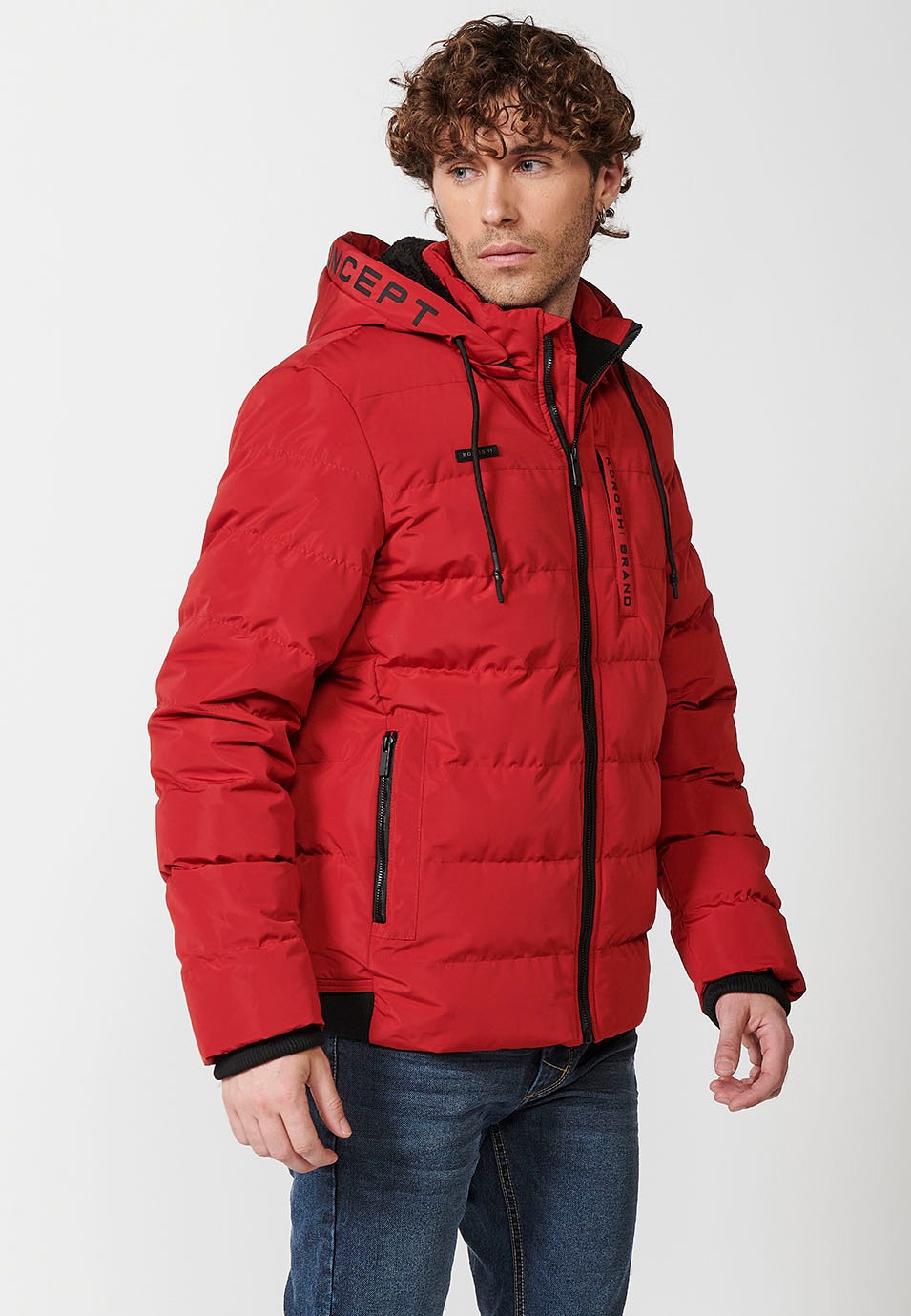 Mens Red Quilted Hooded Collar Zip Front Closure Jacket