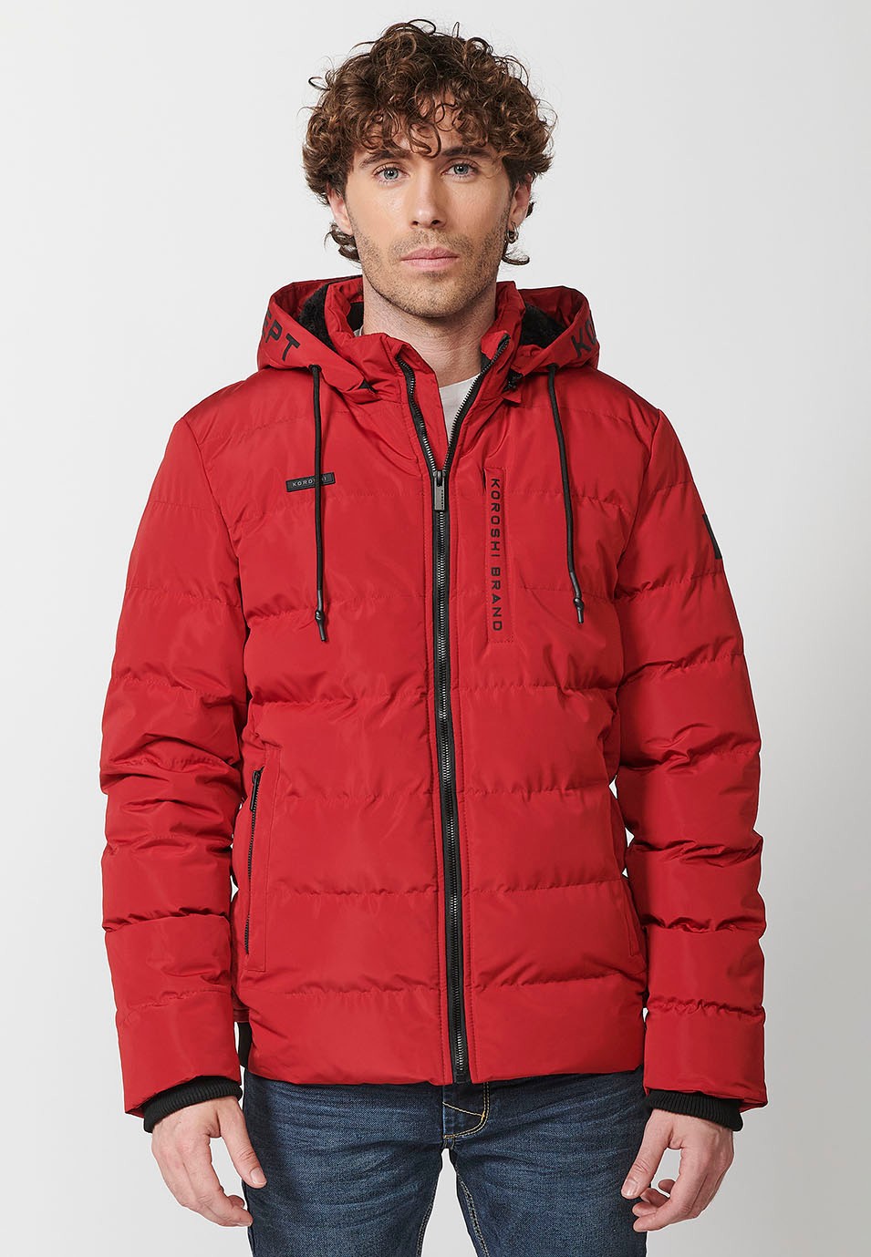 Mens Red Quilted Hooded Collar Zip Front Closure Jacket 3