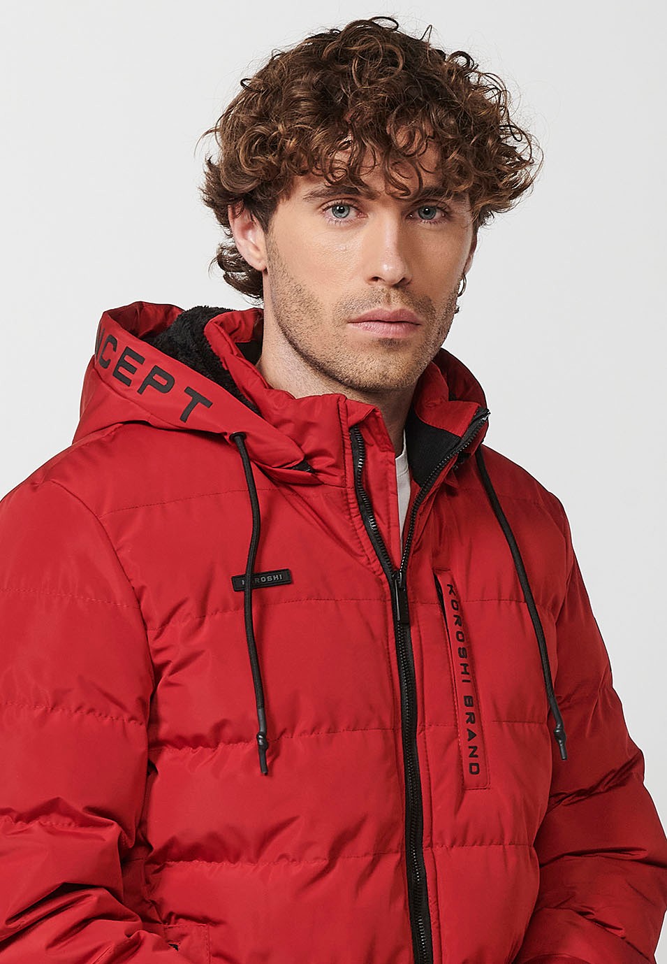 Mens Red Quilted Hooded Collar Zip Front Closure Jacket 7