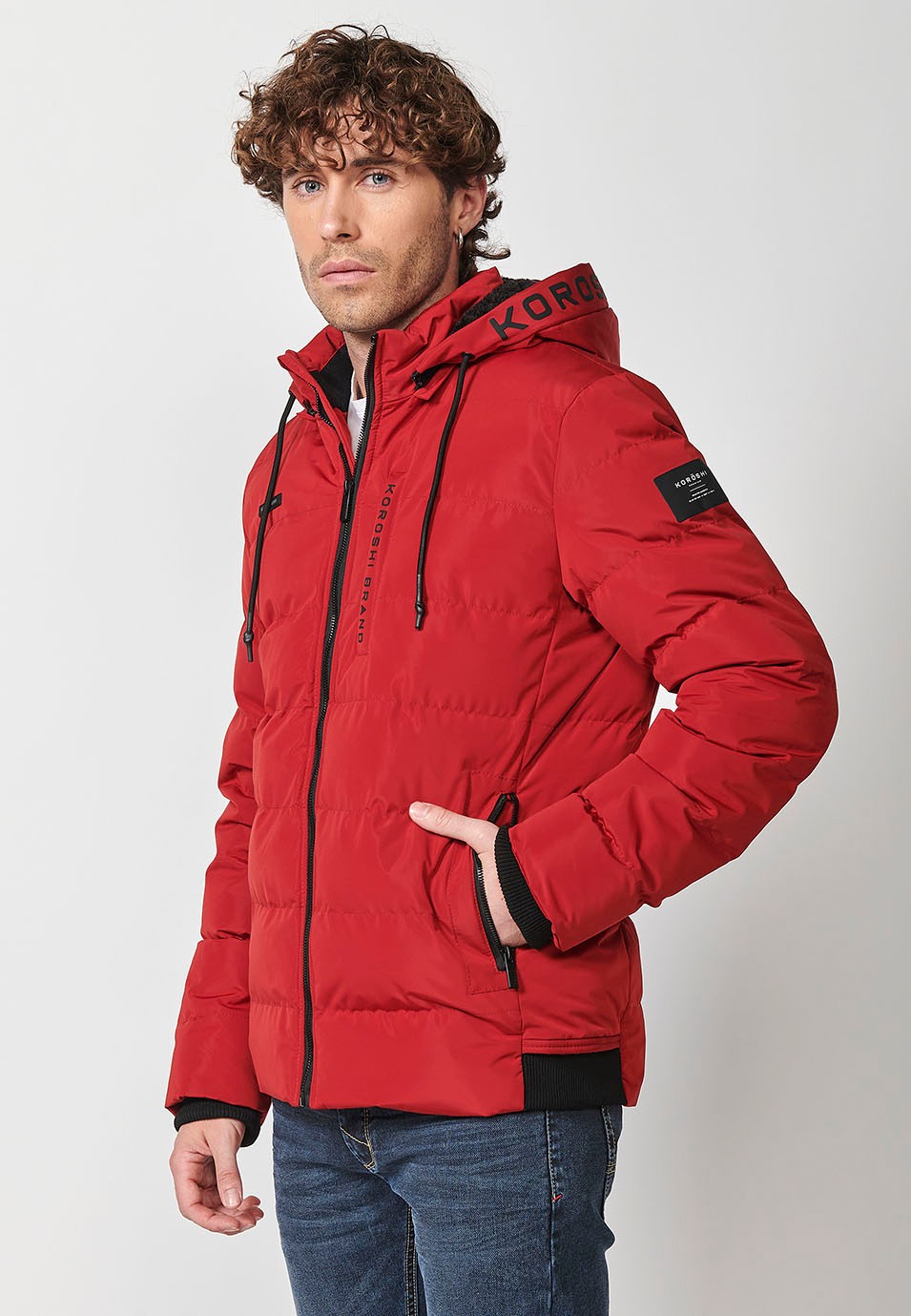 Mens Red Quilted Hooded Collar Zip Front Closure Jacket 4