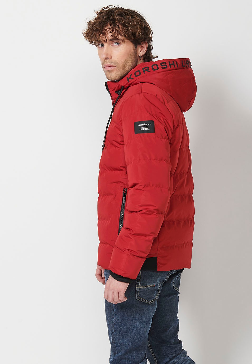 Mens Red Quilted Hooded Collar Zip Front Closure Jacket 5