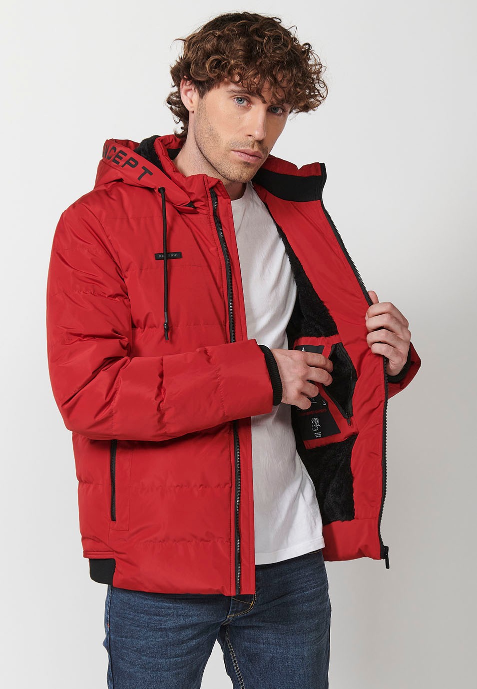 Mens Red Quilted Hooded Collar Zip Front Closure Jacket 2