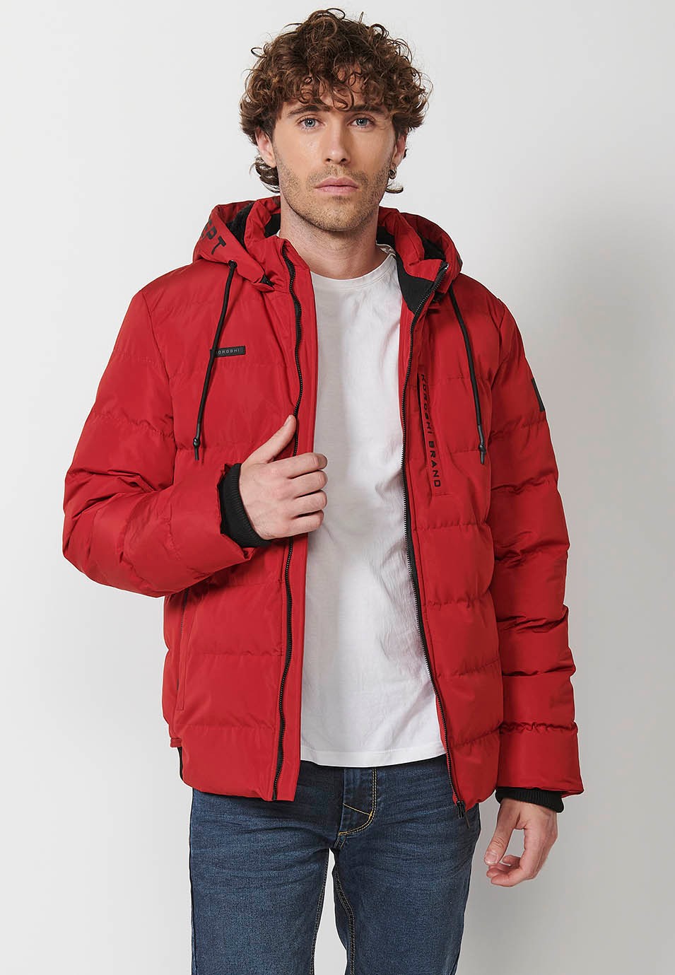 Mens Red Quilted Hooded Collar Zip Front Closure Jacket 8