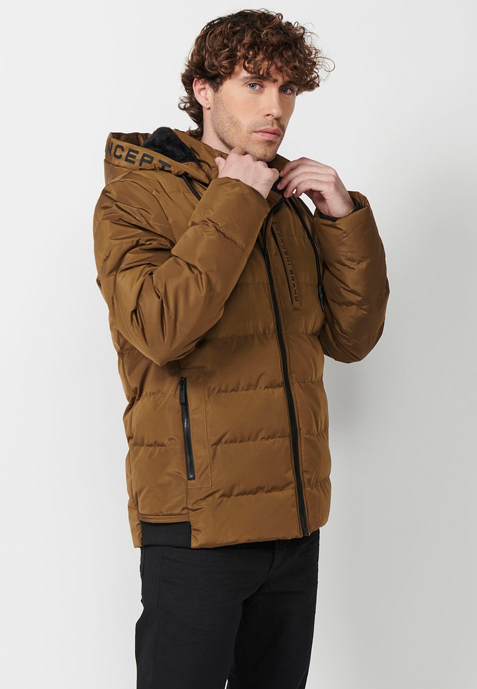 Mens Brown Quilted Hooded Collar Zip Front Jacket