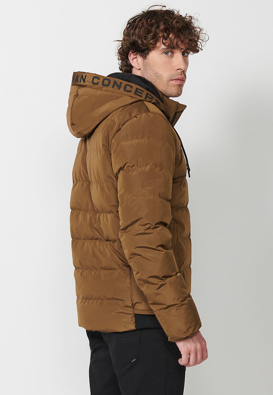 Mens Brown Quilted Hooded Collar Zip Front Jacket