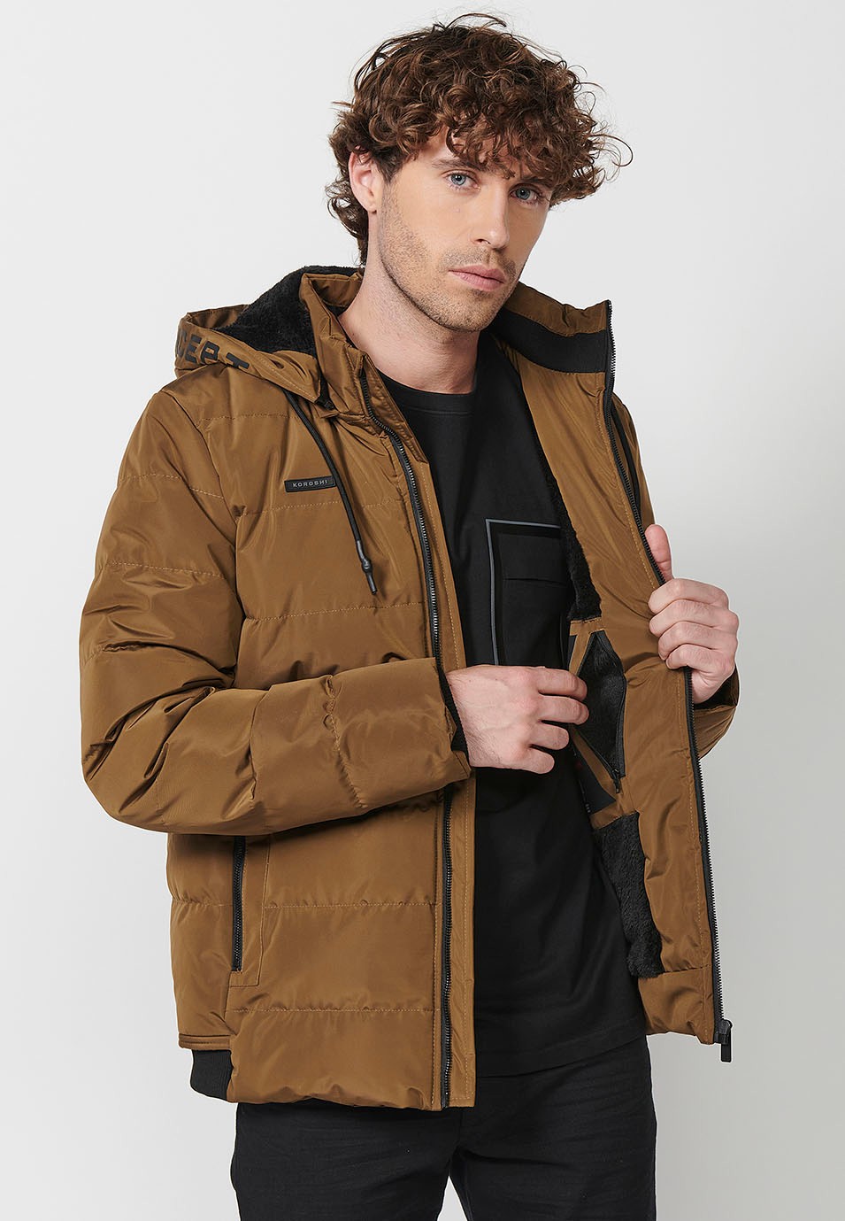 Mens Brown Quilted Hooded Collar Zip Front Jacket