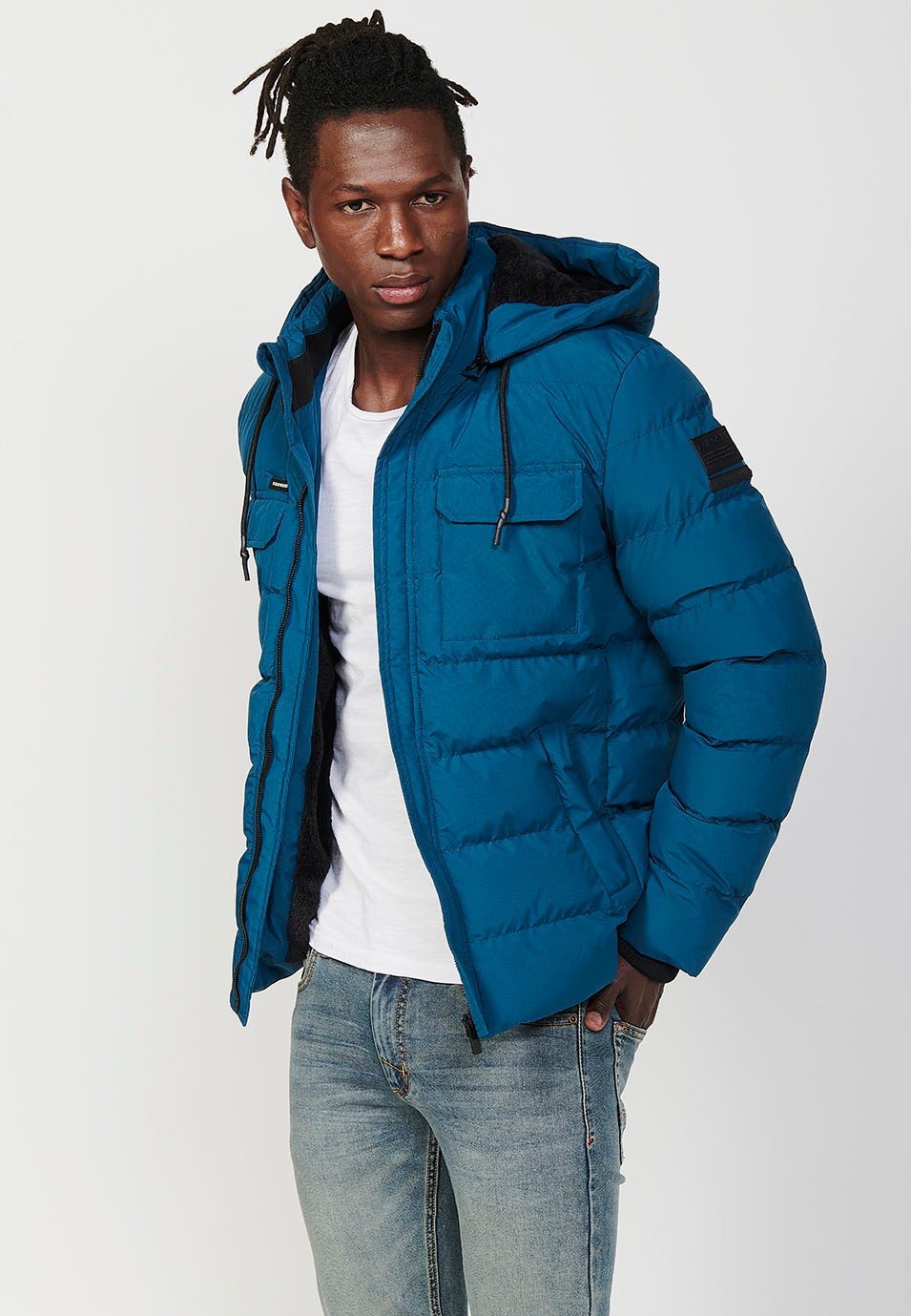 Mens Quilted Jacket with Hooded Collar and Front Zip Closure and Pockets in Blue 9