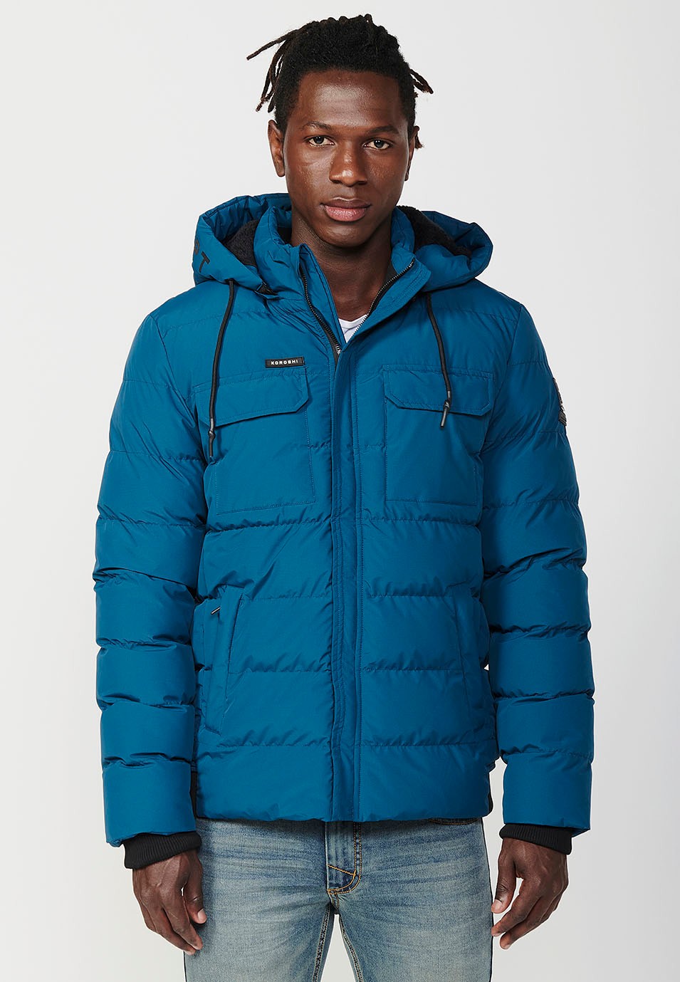 Mens Quilted Jacket with Hooded Collar and Front Zip Closure and Pockets in Blue 3