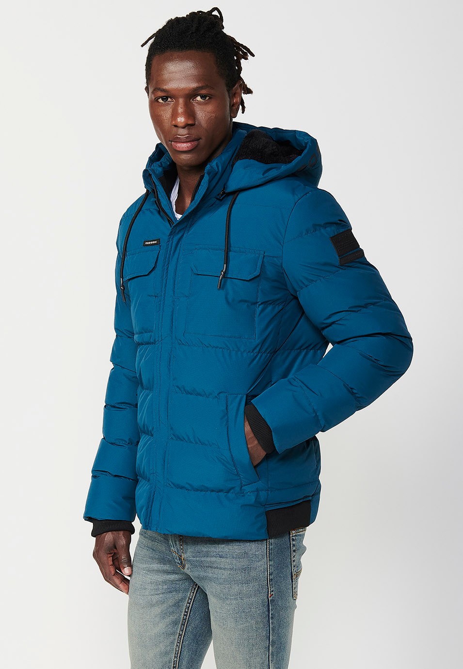 Mens Quilted Jacket with Hooded Collar and Front Zip Closure and Pockets in Blue 2