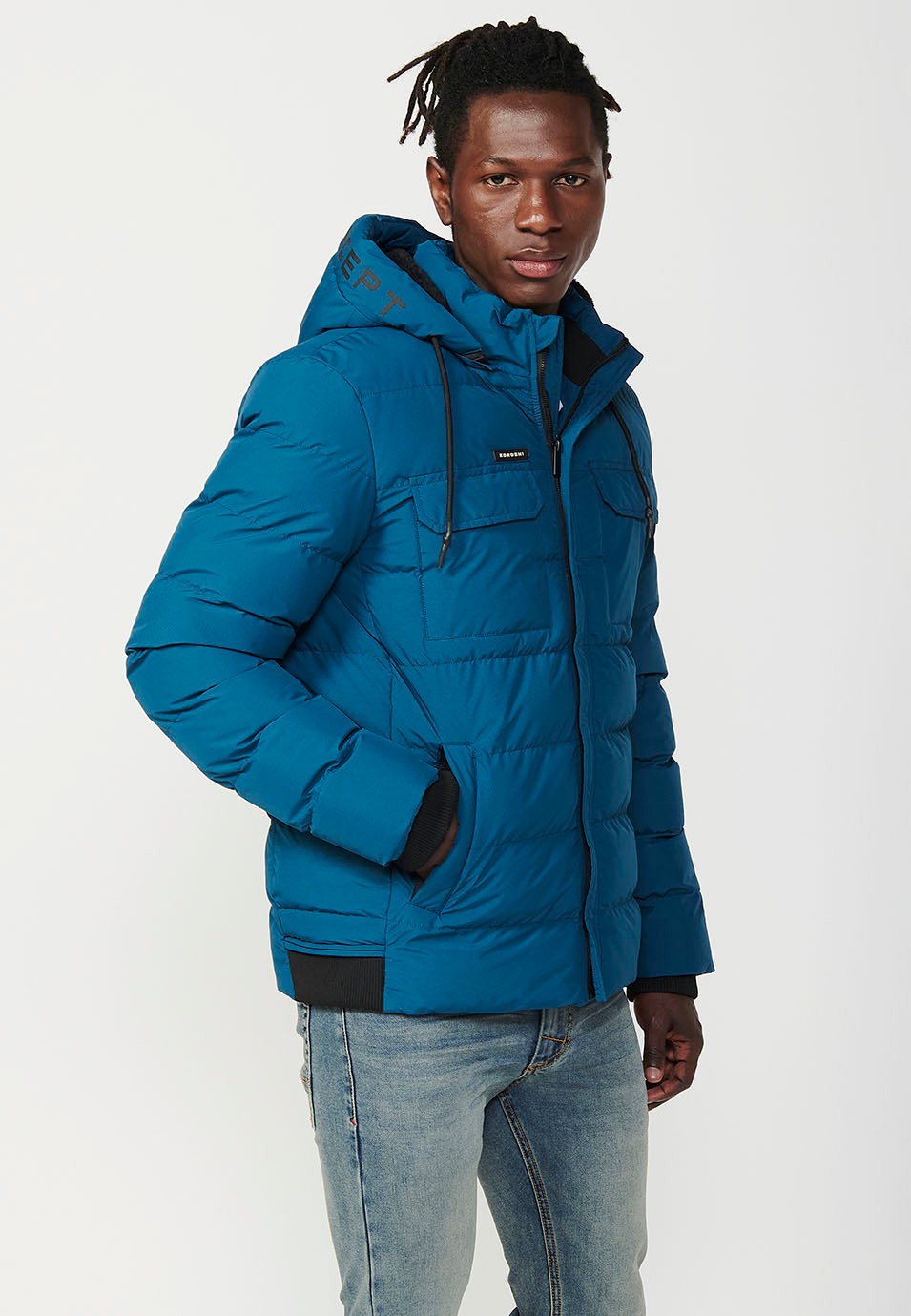 Mens Quilted Jacket with Hooded Collar and Front Zip Closure and Pockets in Blue 7