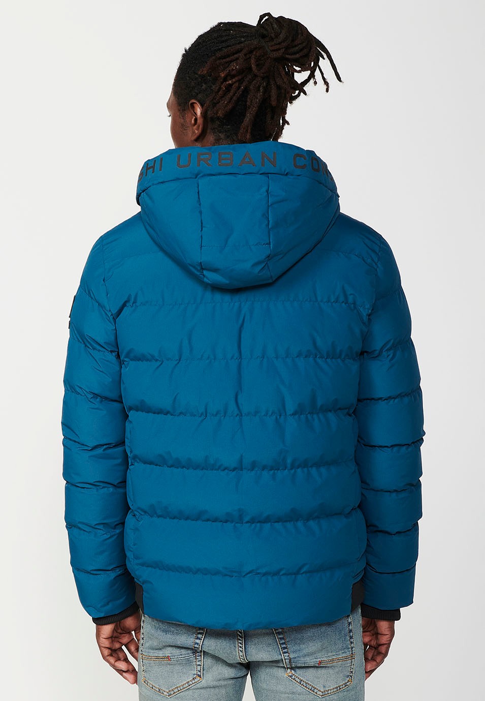 Mens Quilted Jacket with Hooded Collar and Front Zip Closure and Pockets in Blue 6