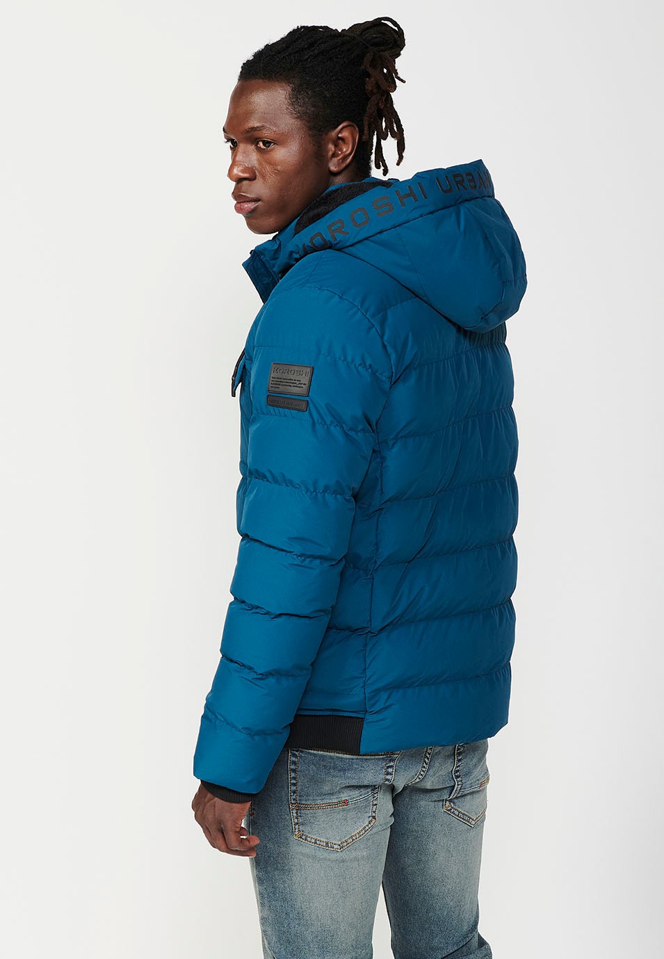 Mens Quilted Jacket with Hooded Collar and Front Zip Closure and Pockets in Blue 5