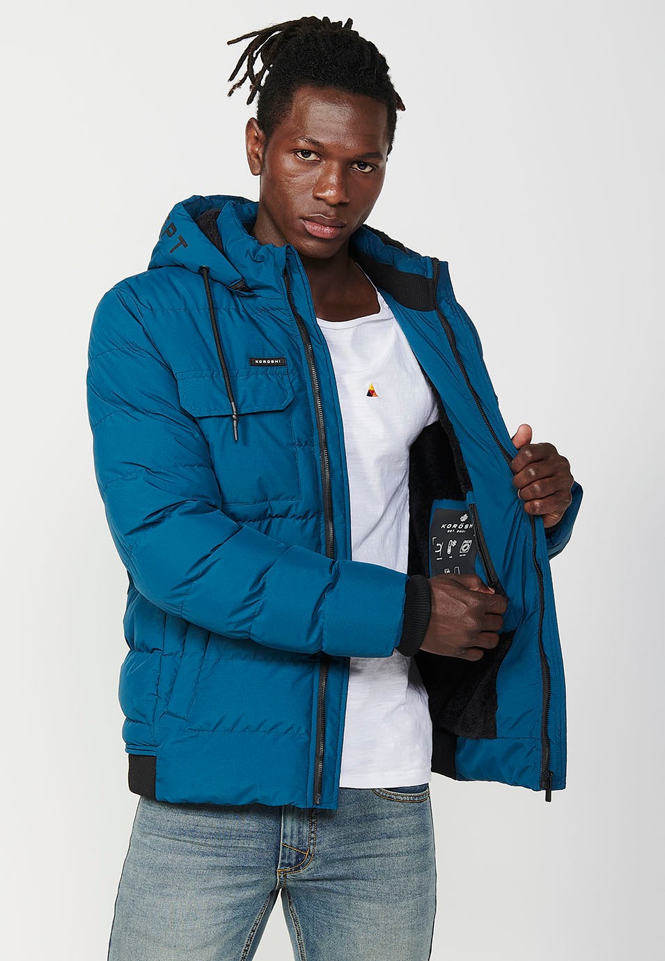 Mens Quilted Jacket with Hooded Collar and Front Zip Closure and Pockets in Blue 8