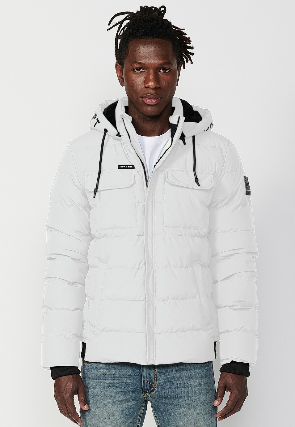 Quilted jacket with hooded collar and front zip closure and pockets in ecru for Men