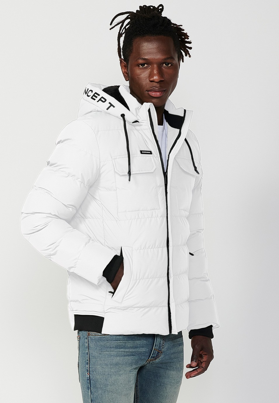 Quilted jacket with hooded collar and front zip closure and pockets in ecru for Men